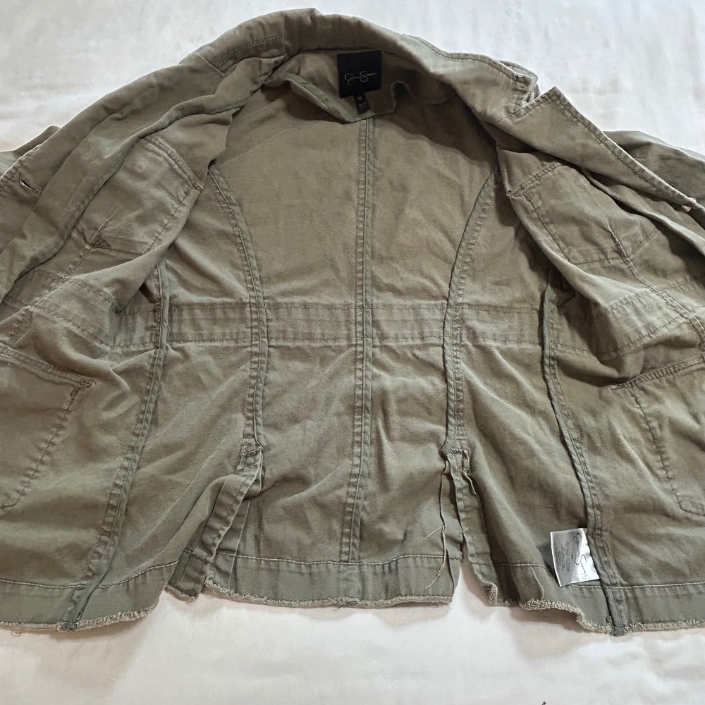 Jessica Simpson Sahara Olive Green Military Utility Jacket Cargo Frayed Hem M - Picture 9 of 16